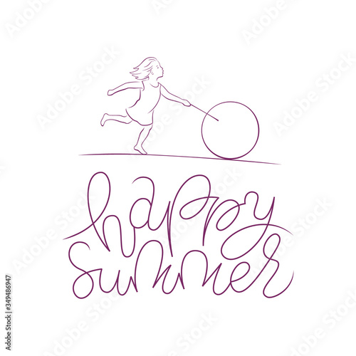 Happy summer hand drawn vector lettering. Girl rolls hoop line style illustration. T shirt design, children party poster, outdoor game banner.