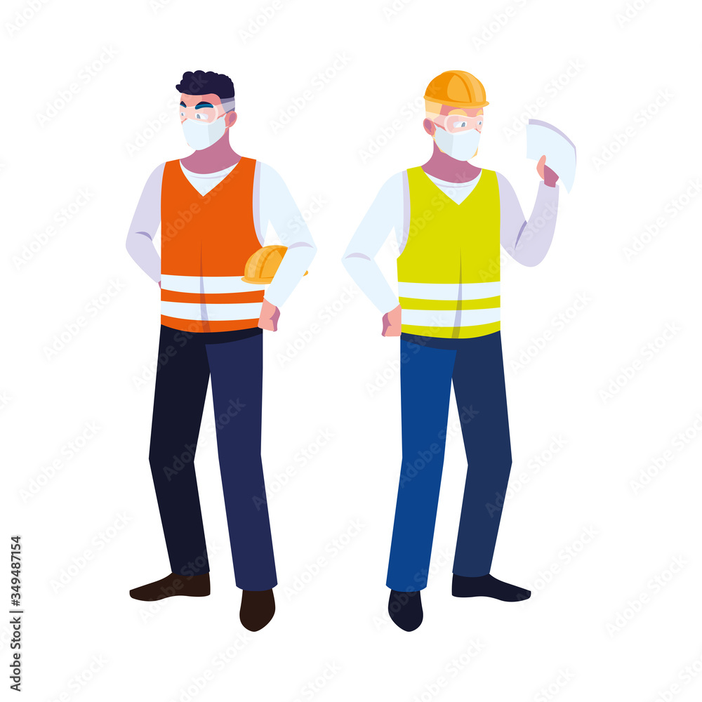 men operators with masks and reflective vests men operators with masks and reflective vests