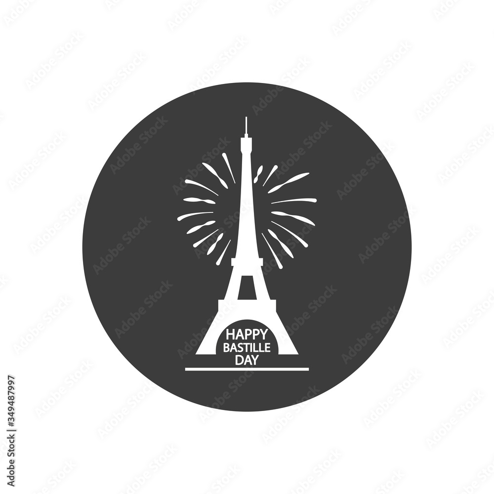 Happy bastille day concept, eiffel tower and fireworks, block silhouette style Happy bastille day concept, eiffel tower and fireworks, block silhouette style