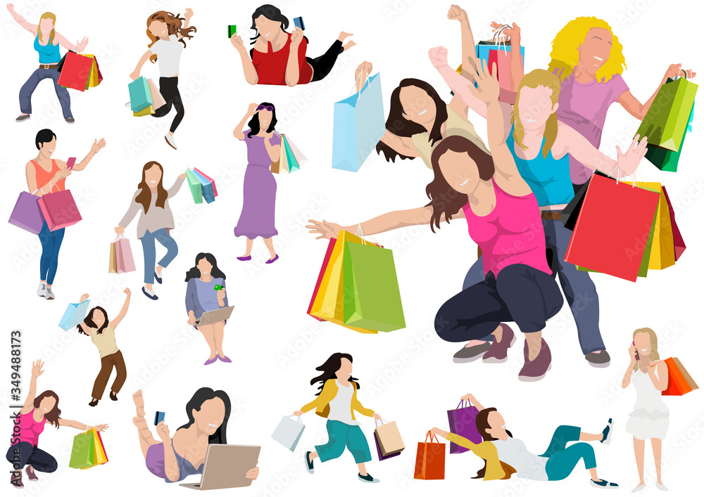 Collection of People Carrying Shopping Bags with Purchases - Colorful Set for Your Graphic Projects, Vector Illustration