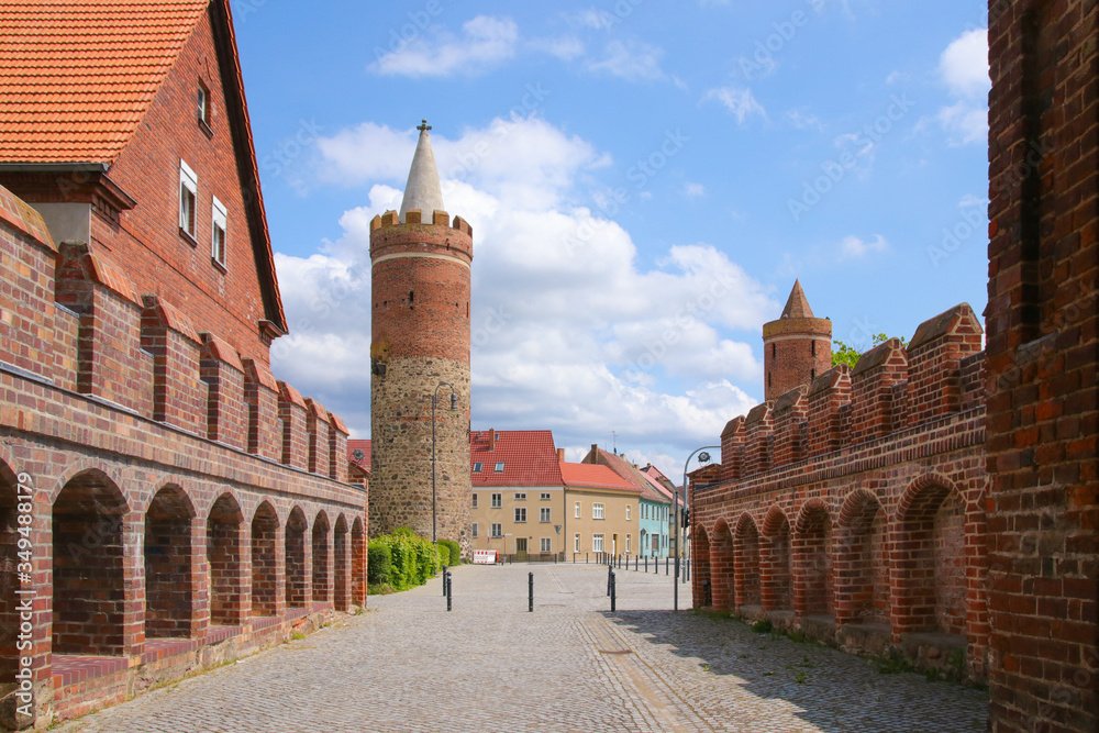 Fototapeta premium View from the Town gate (Dam gate) of Jueterbog to the watch tower, federal state Brandenburg - Germany