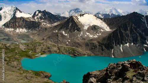 panoramic view on turquoise mountain lake and glaciers Alakul lake in kyrgyzstan 