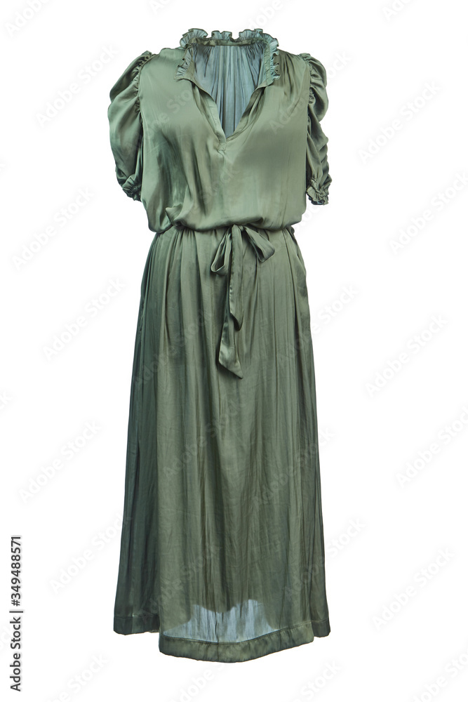 Long silk dress with short sleeves and a belt at the waist of a greenish-olive color, isolated on a white background on a transparent mannequin.