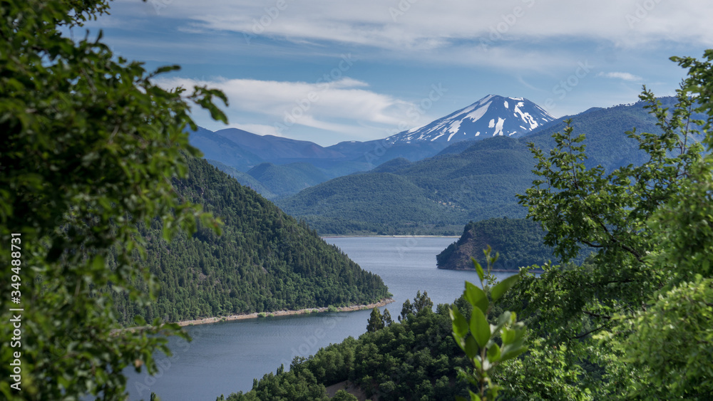 Patagonia, lake view with green trees and a volcano on the background
