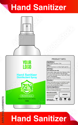 75 percent Alcohol hand sanitizer disinfectant spray label design vector illustration graphic template for packaging design.
