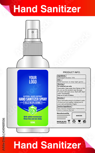 75 percent Alcohol hand sanitizer disinfectant spray label design vector illustration graphic template for packaging design.