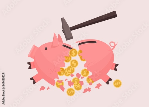 Piggy bank broken by hammer. Broken pink piggy bank spillover savings cash saved profitable vector deposit crisis loan repayment investment clipart, financial income.