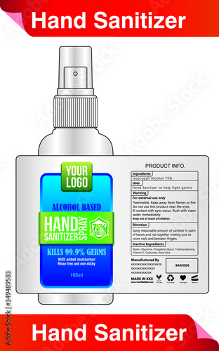 75 percent Alcohol hand sanitizer disinfectant spray label design vector illustration graphic template for packaging design.