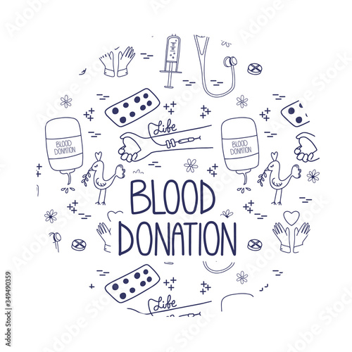 Blood donation landing page for website or mobile app. Website design with pattern background. Doodle lifesaver campaign template graphic design.