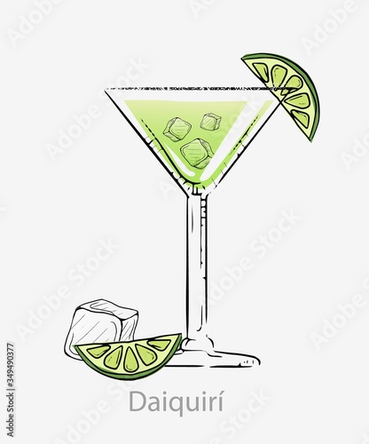 Cocktail gin daiquiri. Cocktail, alcoholic cuban aperitif based light rum, gin, lemon juice, sugar syrup served ice with slice of lime in vector cocktail glass glaciation category unforgettable.
