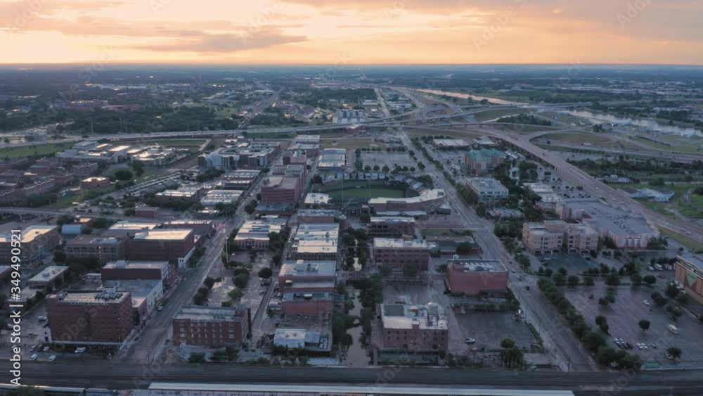 Oklahoma City, Oklahoma, USA. Aerial of the Bricktown city skyline at sunrise Oklahoma City, Oklahoma, USA. Aerial of the Bricktown city skyline at sunrise