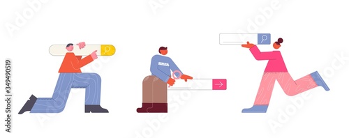 Search bar with people. Cheerful people help search information web interface reasonable search with global vector support girl guys flat is always ready find necessary information.
