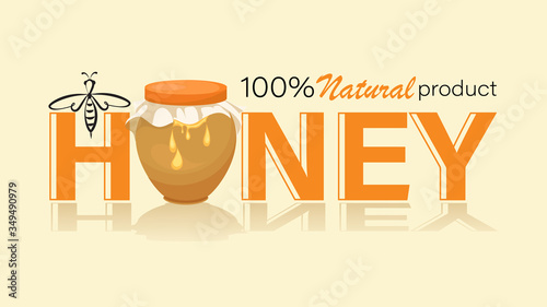 Honey jar, pot. Linear bee logo and inscription. Emblem, label. Organic food design concept. Vector i