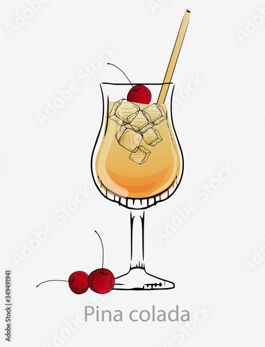 Pina colada cocktail. Yellow cocktail cherries straws ice cube long drink alcoholic light rum coconut milk pineapple juice served in vector goblet, category modern classic.