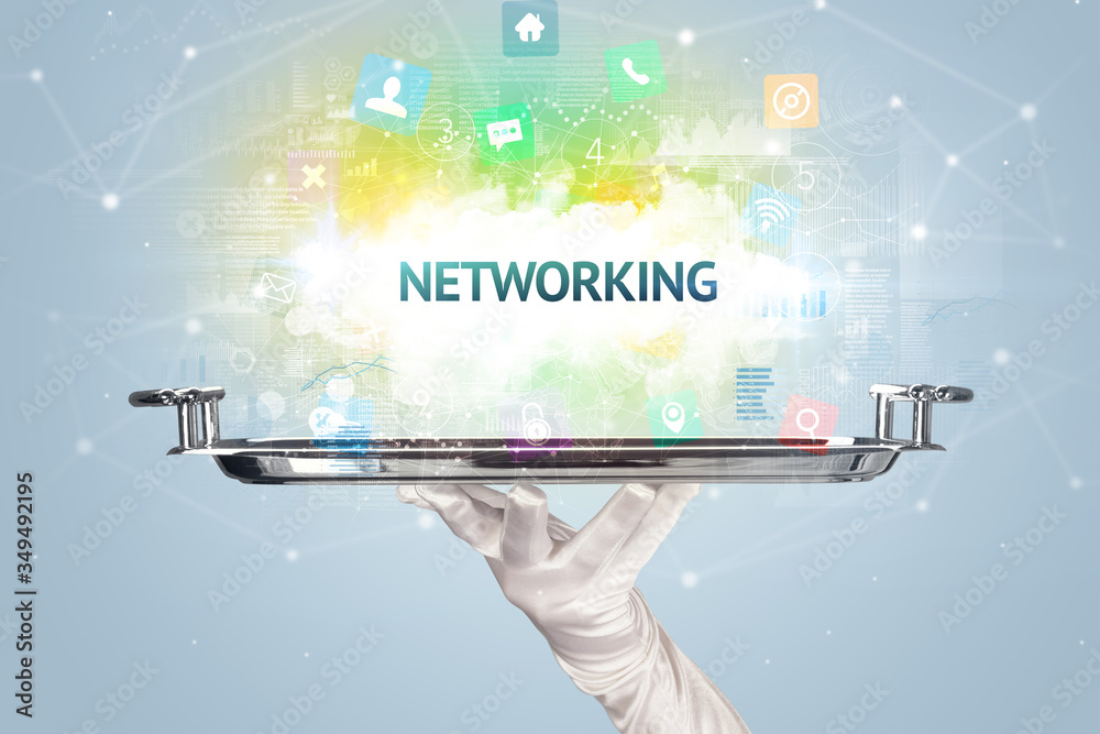 Waiter serving social networking concept with NETWORKING inscription Waiter serving social networking concept with NETWORKING inscription