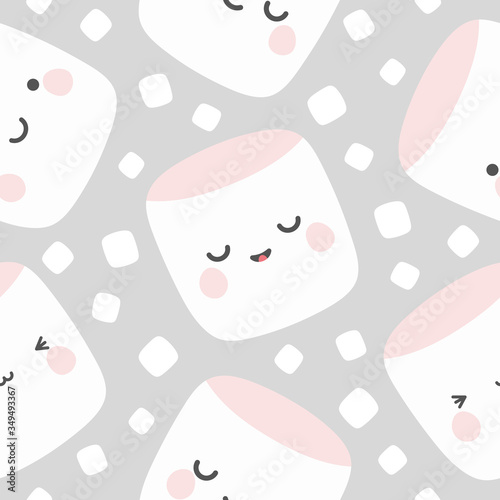 Marshmallow cute face character seamless pattern, vector illustration background