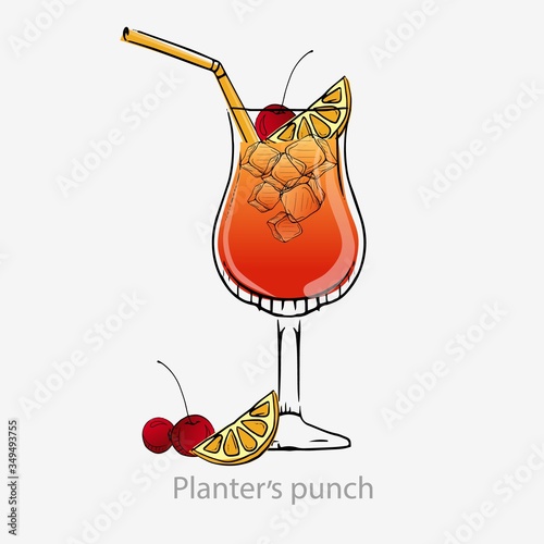 Cocktail planter punch. Dark orange cocktail cherry straw ice cube lemon slice long drink alcoholic dark rum sugar syrup orange juice grenadine served goblet vector glass category unforgettable.