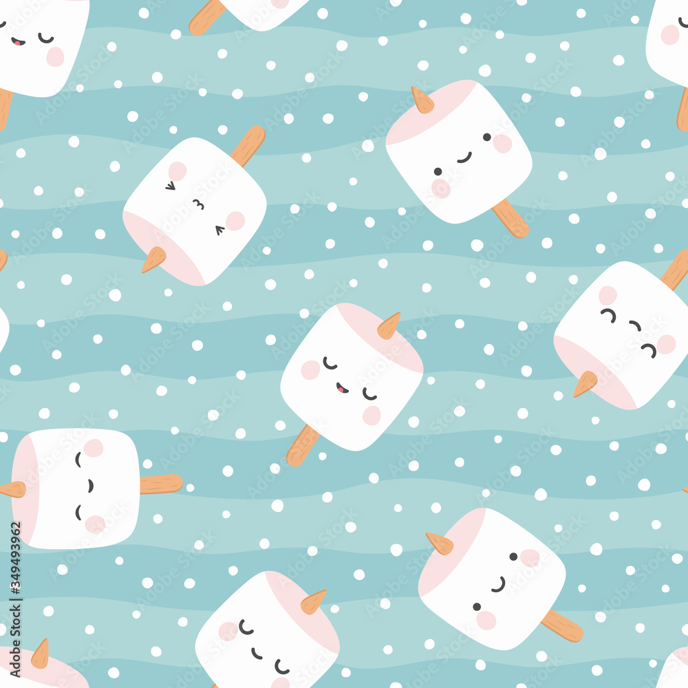 Marshmallow cute face character seamless pattern, vector illustration background Marshmallow cute face character seamless pattern, vector illustration background