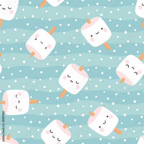 Marshmallow cute face character seamless pattern, vector illustration background