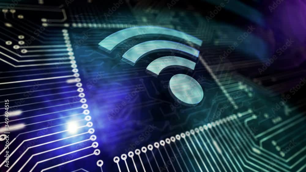 Wi-fi wireless communication network. 5G, mobile connection, networking technology concept 3D symbol flying over the working computer board circuit. Loopable and seamless abstract background.