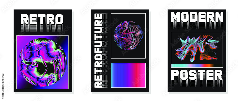 Set of retrofuturistic posters with holographic chromatic shapes in ...