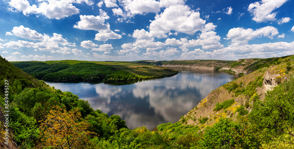 Beautiful view over the river on a sunny day. Outdoor recreation. Dniester Grand Canyon.