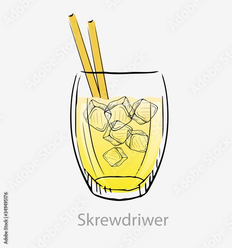Cocktail screwdriver. Yellow cocktail ice cubes yellow straws long drink alcohol vodka orange juice served in highball vector glass category modern classic.