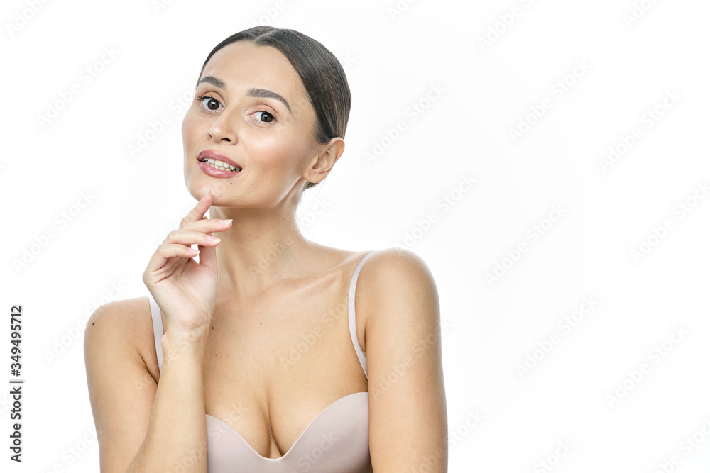 ye Health And Care. Portrait Of Girl Face With Smooth Healthy Skin And Perfect Natural Makeup. Closeup Of Beautiful Woman With Big Brown Eyes And Eyebrows On White Background. High Resolution Image ye Health And Care. Portrait Of Girl Face With Smooth Healthy Skin And Perfect Natural Makeup. Closeup Of Beautiful Woman With Big Brown Eyes And Eyebrows On White Background. High Resolution Image
