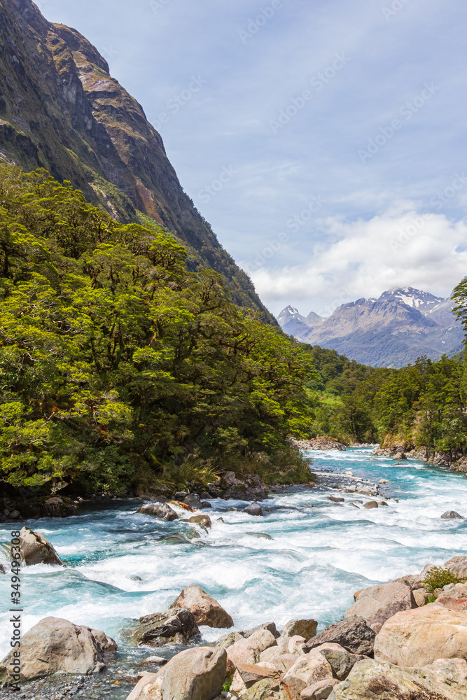 Fast river against the background of mountains. Fiordland national park. South Island, New Zealand