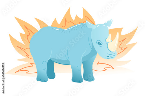 Rhinoceros postcard in flat style on white background. Cartoon blue animal character. African mammal Cute design. Rhino in yellow bush vector illustration. Kids zoo greeting card isolated clipart