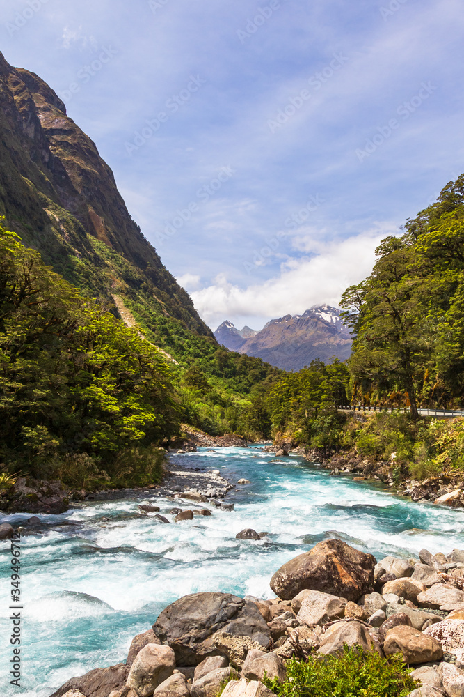 Landscape with rapid river near Pop's View lookout. Fiordland national park. New Zealand