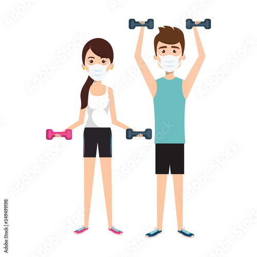 couple using face mask practicing exercise vector illustration design
