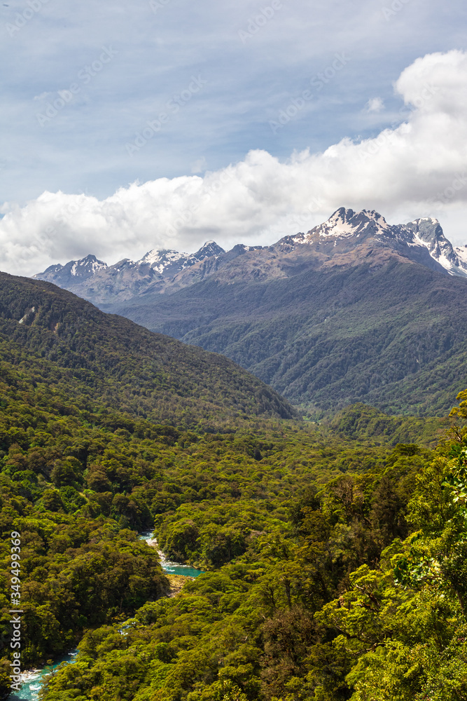 Fiordland National Park. Landscapes of the South Island.  View of the snow-capped mountains, dense forest and the river below. New Zealand