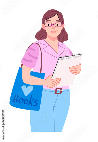 Female student girl with glasses. Smart girl in a pink shirt and blue jeans. Girl with a notepad and a shopper. I love books.Flat cartoon vector illustration.