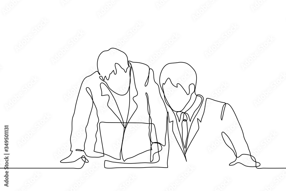 Two men in suits are looking at a laptop. One man sits, the second man stands and shows the first something on the laptop. One continuous line drawing businesspeople or boss and employee