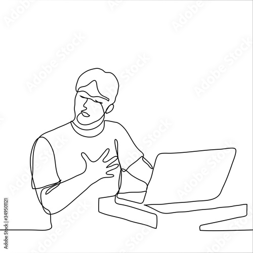 man sits in front of a computer and grabs his chest (heart). One continuous line a person is shocked / surprised / stunned / impressed by what he saw or read on the Internet. Can be used for animation