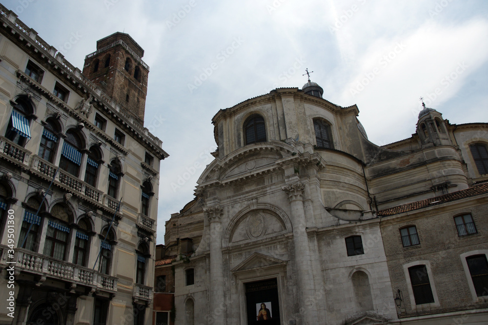 Cityscape with San Geremia church in Venice. Historical facade with colomns, portico made in baroque style.