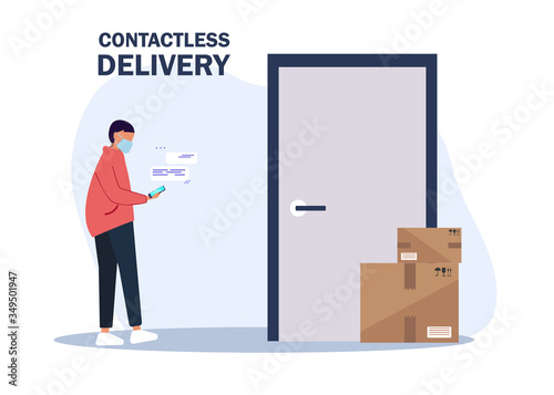 Vector illustration No contact delivery. Deliver man brings the boxes and puts them near the apartment door. Non-contact express delivery service. Self isolation and quarantine lifestyle.