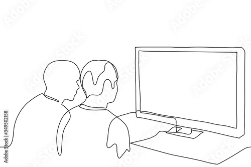 A couple of friends are sitting in front of a wide screen TV, they are watching something enthusiastically (news, film, TV show). One continuous line drawing looking at the monitor, for animation