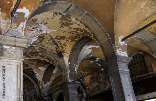 View from gallery of facade of Procuratie nuove with draperies on San Marco square in Venice.