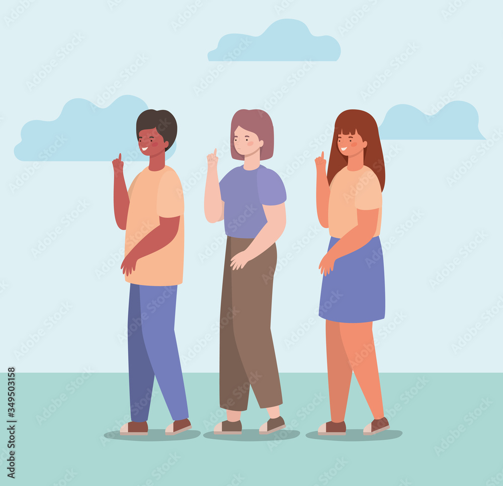 Fototapeta premium happy women and man cartoons with clouds vector design