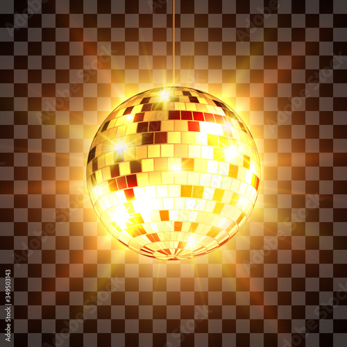 Golden disco ball with light rays isolated on transparent background. Vector illustration.