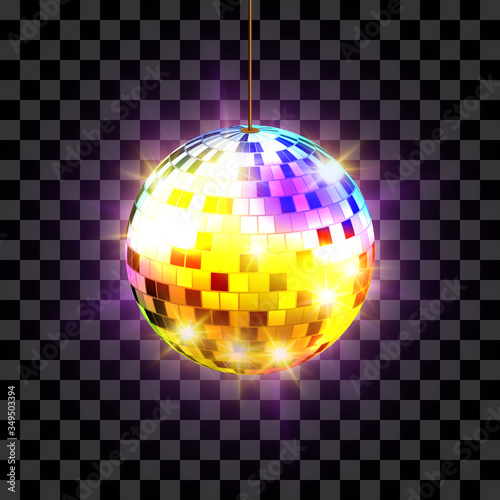 Disco ball with light rays isolated on transparent background. Vector illustration.