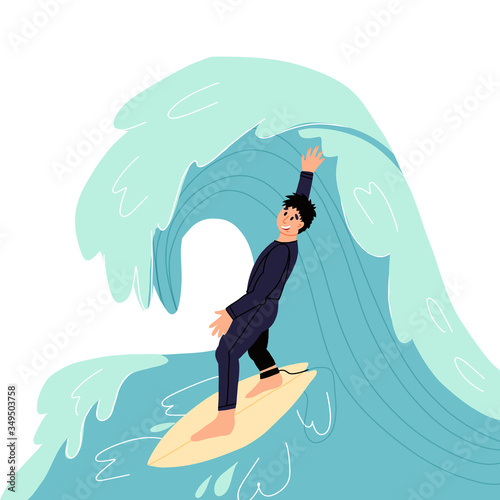 Young happy surfer sportsmen in wetsuit on surfboard catches the wave. Colorful hand drawn dynamic illustration on isolated background.