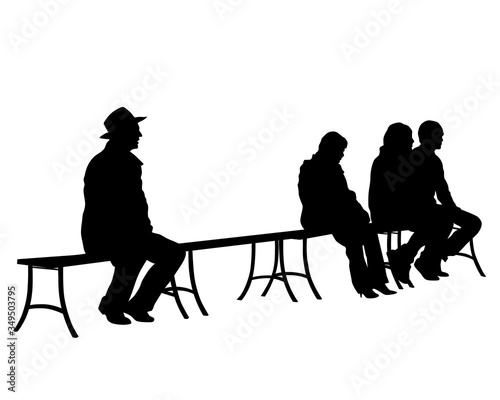 Resting people sitting on a park bench. Isolated silhouettes on a white background