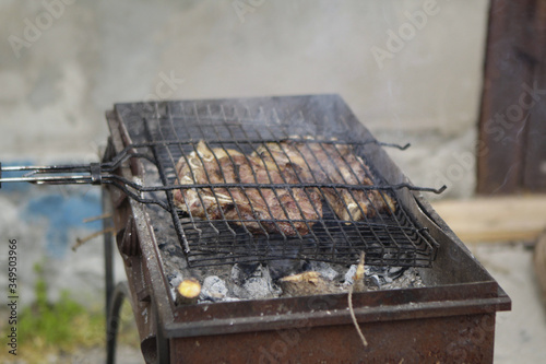Grilled meat on a barbecue grill.