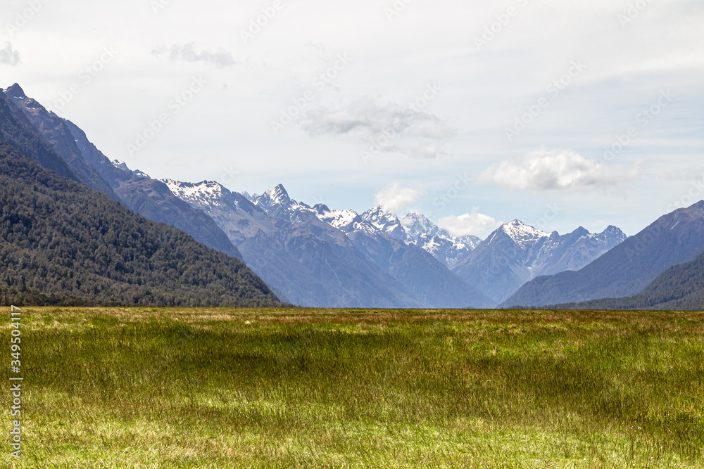 Fields and distant snowy mountains on the road to Fiordland National Park. New Zealand