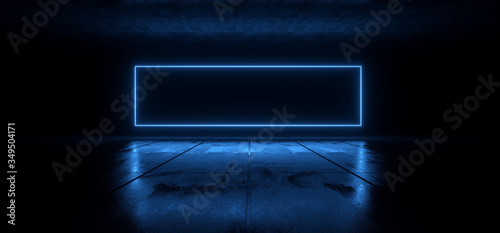 Fototapeta Naklejka Na Ścianę i Meble -  Cyber Underground Tunnel Corridor Neon Beam Rectangle Frame Laser Glowing Blue Vibrant Rough Concrete Floor Empty Dark Background Spaceship Sci Fi 3D Rendering