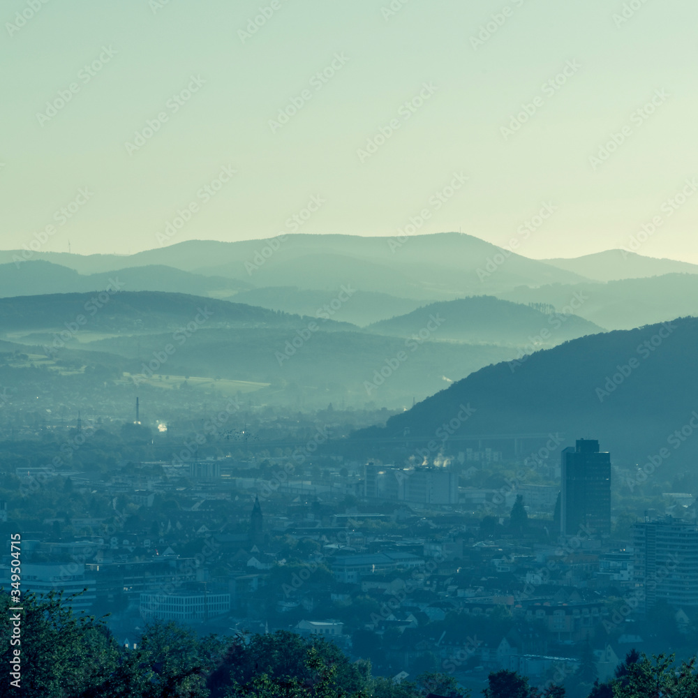 view over Lörrach and Schwarzwald on a foggy morning