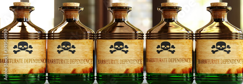 Barbiturate dependence can be like a deadly poison - pictured as word Barbiturate dependence on bottles to symbolize that it can be deadly for body and mind, 3d illustration